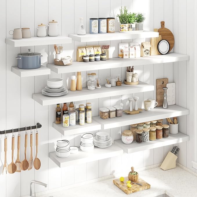 48 Inch Long Floating Shelves for Wall Set of 2, 12"D Wood Grain Bathroom Shelves with Invisible Brackets, Easy Install Engineered Wood Storage Shelves for Kitchen, Living Room, Bedroom, White Finish