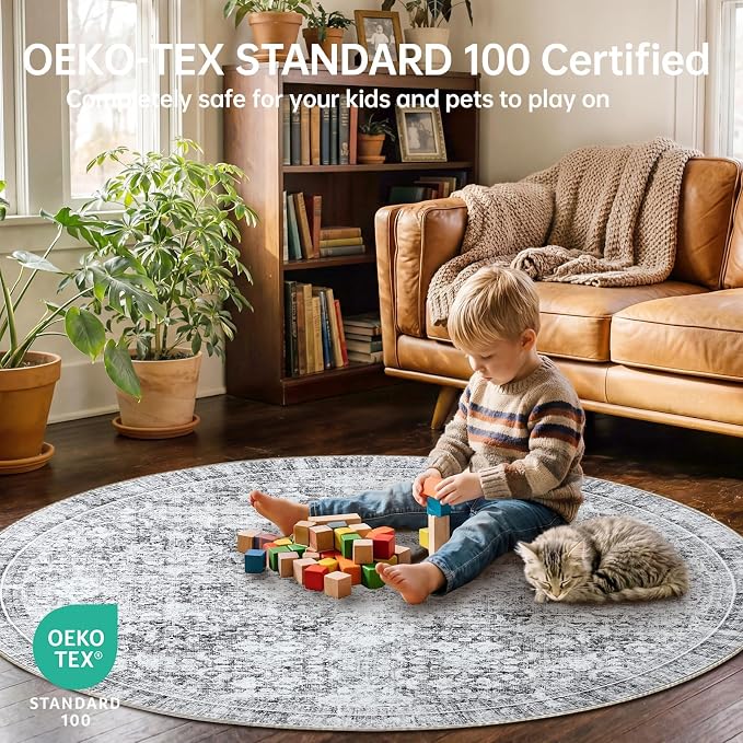 Sasttie Round Rugs 6ft, Ultra-Soft Washable Circle Rug, Low Pile Foldable Thin rugs with Non-Slip Backing, Skin-Friendly Stain Resistant Carpet for Living Room, Bedroom, Kitchen, Dorm, 6ft, Light Grey