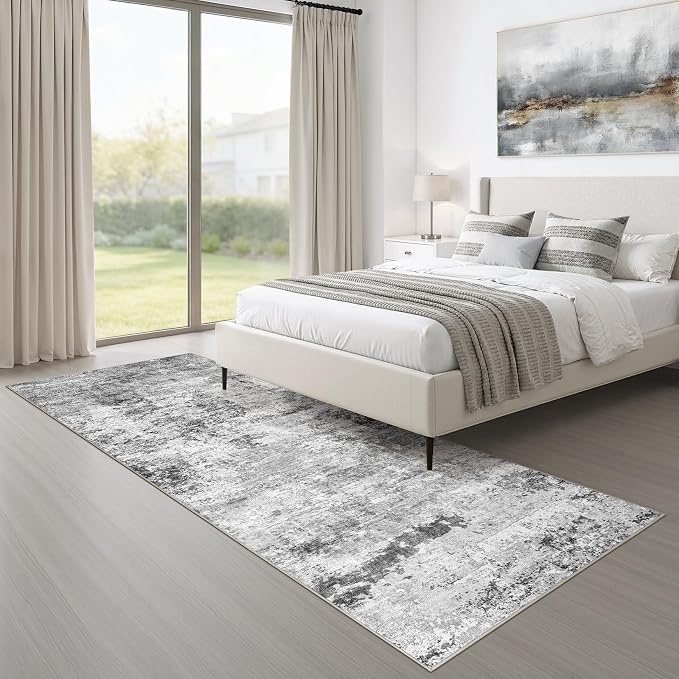 Runner Rug Non-Slip Kitchen Rug: 3x8 Washable Abstract Modern Soft Stain Resistant Indoor Floor Neutral Accent Throw Carpet for Hallway Bathroom Laundry Room Bedroom Entryway- Black Gray