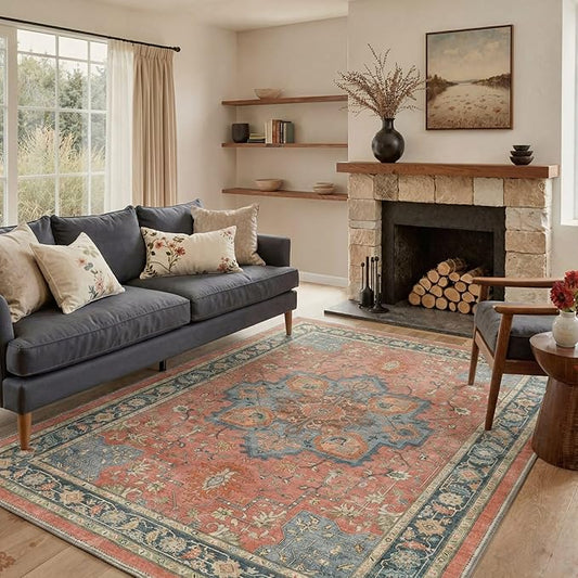 GENIMO 5x7 Area Rugs for Living Room, Machine Washable Rug, Non Slip Indoor Vintage Carpet, Low Pile Lightweight Chenille Print Carpet for Bedroom Dining Room Home Office, Dusty Terracotta