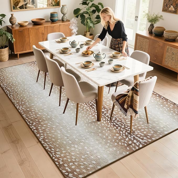 Soft Antelope Rug 4x6 Ft, Animal Print Rugs for Living Room Bedroom, Non-Slip TPR Backing for Hardwood Floors, Machine Washable & Easy to Clean, Pet Friendly Carpet for Kids, Brown, White