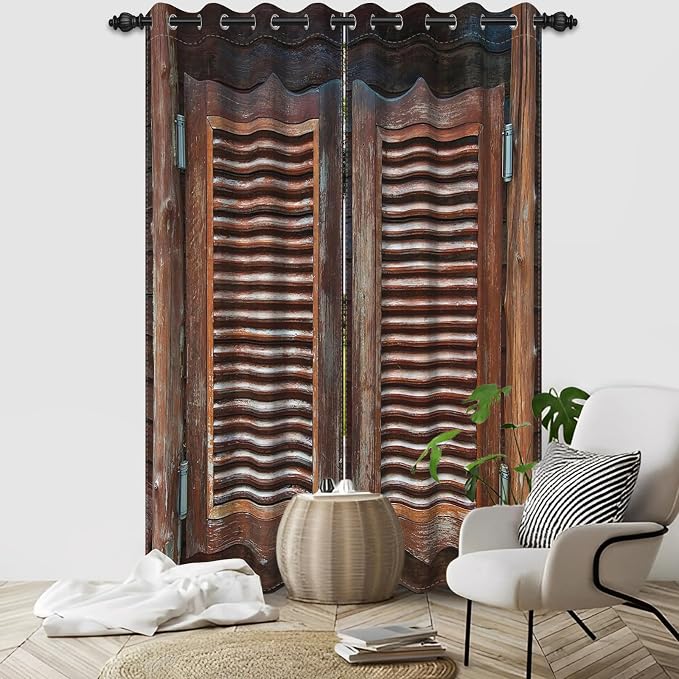 Rustic Wooden Barn Door Blackout Window Curtains Wood Planks Farm Farmhouse Curtains Country Retro Western Vintage Brown Window Treatments Kitchen Bedroom Living Room Decor,26x63 inch,2 Panels
