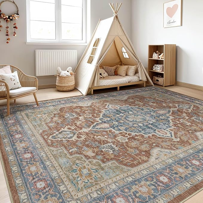 8x10 Area Rugs Living Room: Washable Boho Large Neutral Vintage Soft Rug Stain Resistant Farmhouse Non-Slip Indoor Floor Carpet for Bedroom Nursery Kids Playroom Office Dining Room- Red Multi