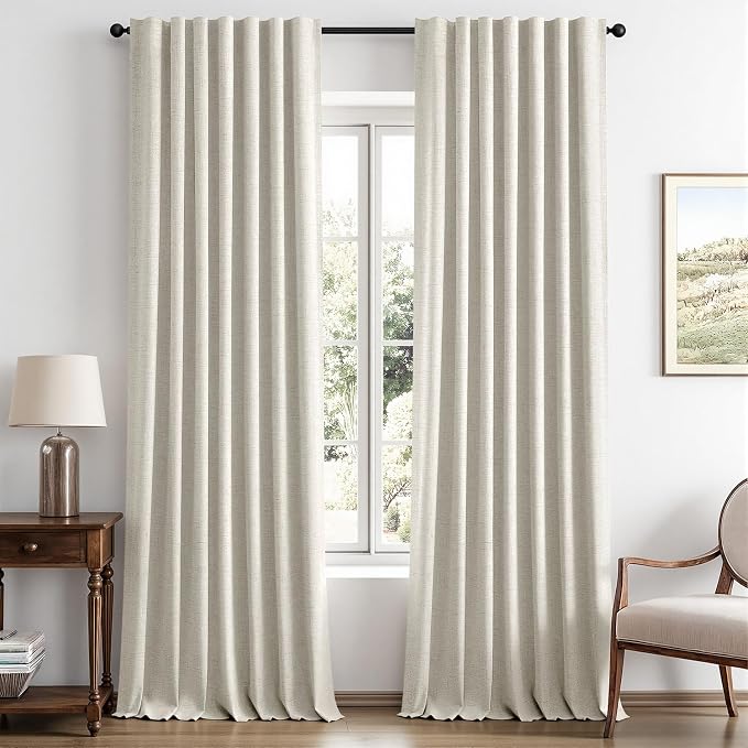 MIULEE 100% Blackout Linen Curtains for Bedroom, Light Cream Solid Luxury Decor Thermal Insulation Room Darkening Drapes for Living Room Back Tab Rod Pocket 42 x 96 Inches, 2 Panels