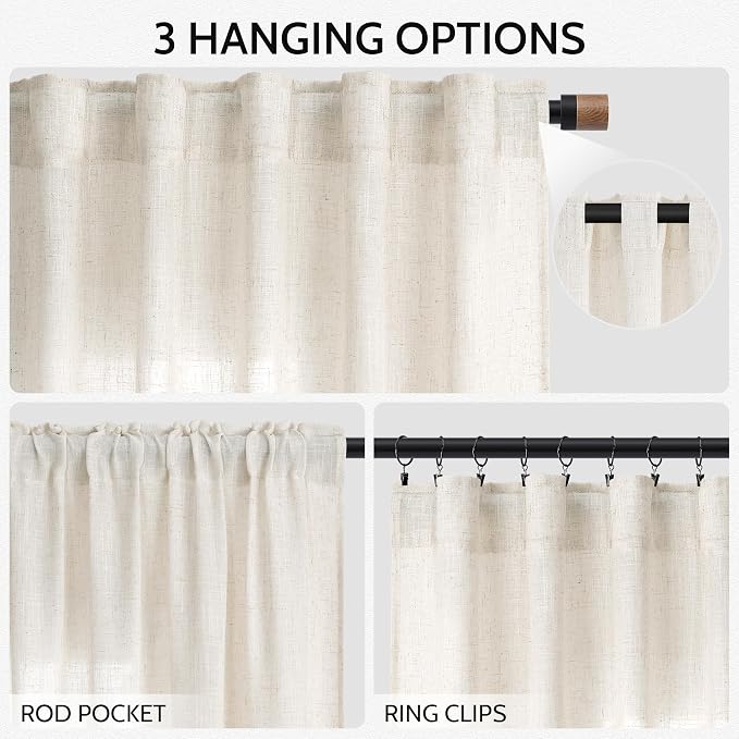 Nanspring Modern Linen Curtains for Living Room 80 Inches Long Light Filtering Semi Sheer Curtain Back Tab Neutral Luxury Modern Farmhouse Decor Linen Blend Drapes for Bedroom 52x80, 2 Panels