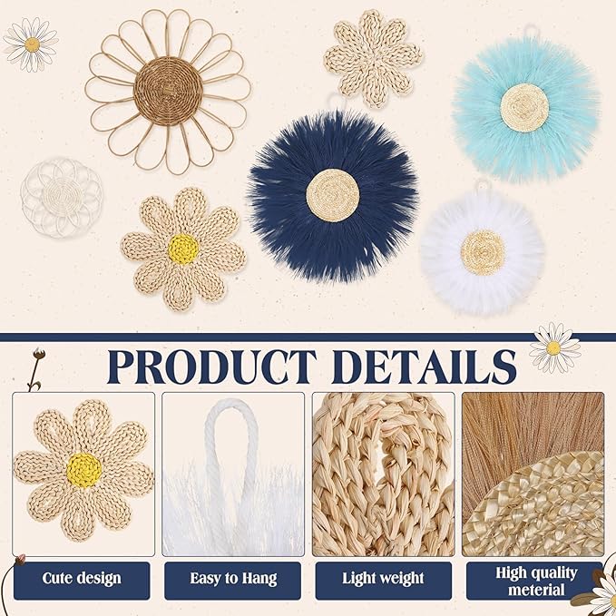 Chunful 7 Pcs Boho Wall Basket Decor Rattan Flower Wall Decor Nursery Daisy Flower Woven Macrame Hanging Flowers for Baby Kids Girls Farmhouse Bedrooms Living Rooms Kitchen Home(Blue)
