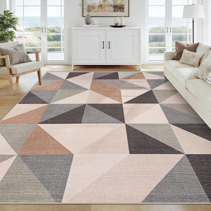 Washable Rug 6x9 Area Rugs: Modern Geometric Area Rug for Living Room Non-Slip Neutral Soft Carpet Low Pile Stain Resistant Indoor Rugs for Bedroom Nursery Dining Room Office (Beige Brown, 6'X9')