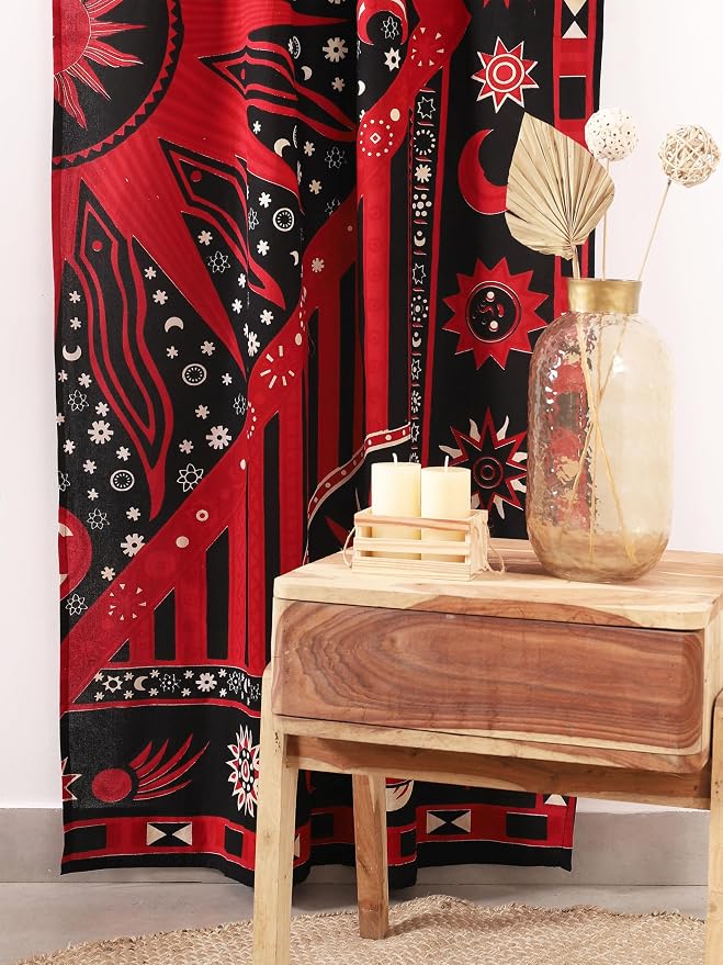 Popular Handicrafts Red Burning Sun Hippie Mandala Curtains 83 Inch Length for Living Room Bedroom 2 Panels Set Light Filtering Semi Sheer Window Curtains 76 Inch Width Boho Farmhouse Drapes W76xL83
