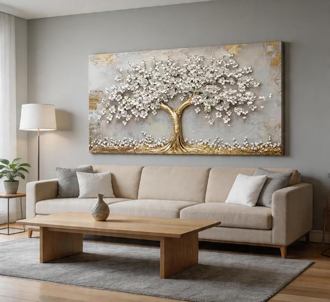 Large Tree of Life Canvas Wall Art Gold and White Flower Big Tree Painting Picture Wall Decor Botanical Floral Poster Print Artwork for Living Room Dining Bedroom