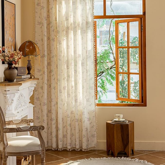 OYX Purple Floral Curtains 96 Inch Length Linen Farmhouse Curtain Rod Pocket Drapes for Living Room Bedroom Light Filtering Vintage Curtains, 2 Panels, 52Wx96L
