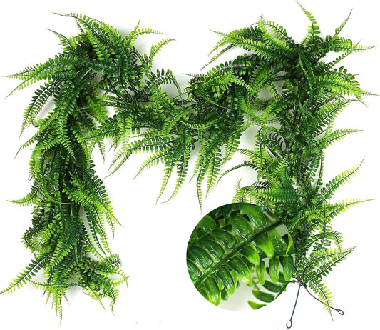 RECUTMS 2pcs Artificial Hanging Boston Ferns Garland Fake Hanging Plant 6 FT Greenery Leaves Ivy Garland Faux Ferns Fake Vines for Outdoor Indoor Home Garden Decoration Party Table Wall Decoration