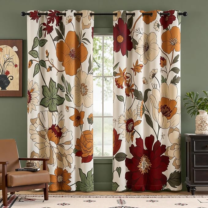 Lazzzy Floral Curtains for Bedroom Living Room Faux Linen Vintage Blackout Curtains 84 Inches Long Room Darkening Drapes Grommet Flower Patterned Window Treatments Set of 2 Panels, 52" x 90", Beige
