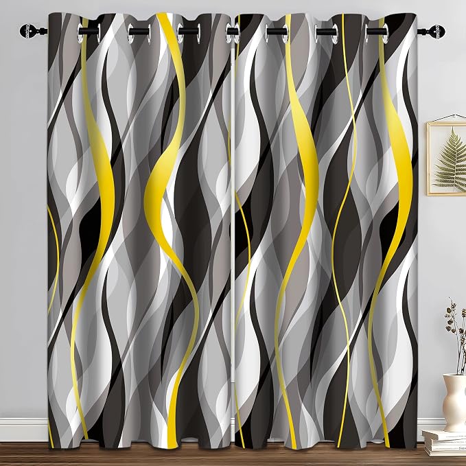 iTapnoom Black Gray Striped Blackout Curtain, Yellow White Abstract Ombre Window Curtains Darkening Thermal Insulated Window Drapes for Living Room Bedroom Decor 2 Panels 52x84 Inches