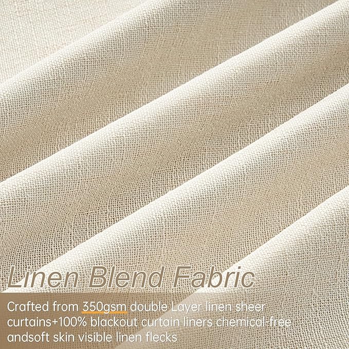 102 Inches Long 100% Blackout Ivory Beige Linen Curtains,Farmhouse Pinch Pleated Noise Cancelling Curtains with Pin Hooks for Traverse Rods, Burlap Viral Drapes 2 Panels for Living Room Master Bedroom