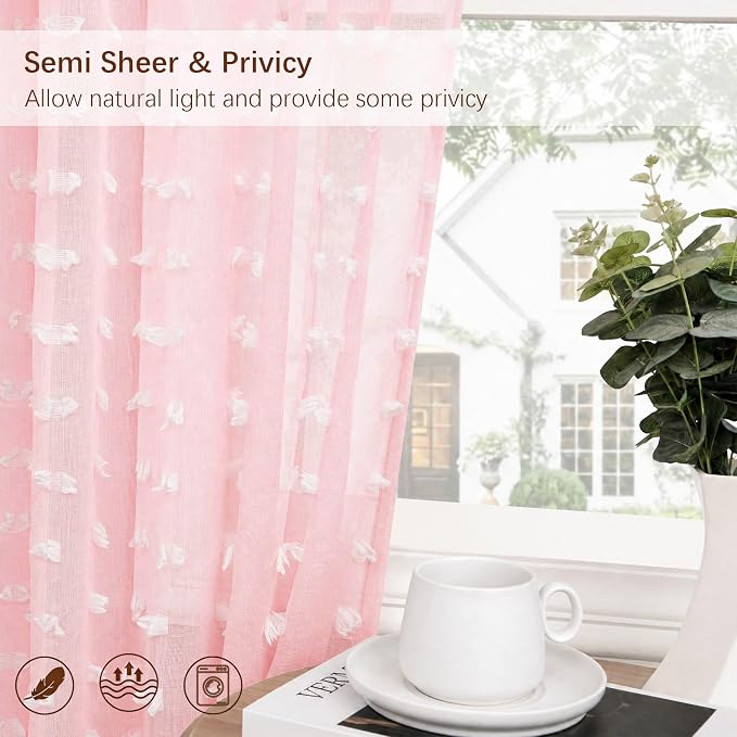 DANCURTON Light Pink Sheer Curtains 90 Inches Long Cute Pom Pom Baby Pink Voile Drapes with Back Tab for Girls Nursery Teen Kids Room Boho Semi Sheer Window Curtains 2 Panels Set for Living Room Decor