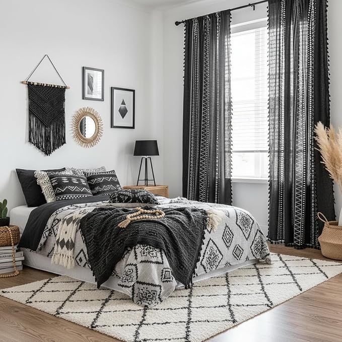 ColorBird Black Boho Curtains for Bedroom Room Darkening 63 Inch Farmhouse MCM Western Striped Aztec Window Treatment Patterned Drapes 2 Panles for Living Dining Room Kitchen Boho Chic Decor