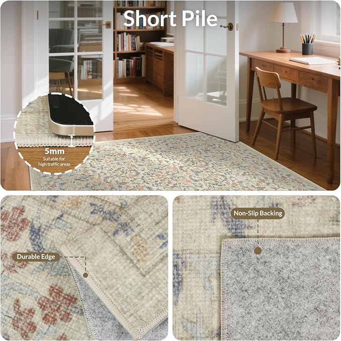 GENIMO 5x7 Washable Area Rugs for Living Room, Non Slip, Beige Blue | Vintage Boho Floral Low Pile Thin Carpet for Bedroom, Dining Room, Nursery, Indoor Decor