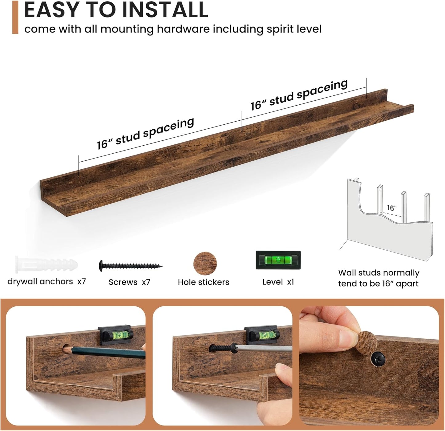 Fun Memories Picture Ledge Shelves Set of 2, 48 Inch Rustic Wall Mounted Floating Shelves with Lip for Home Storage and Décor in Bathroom, Kitchen, Nursery, Bedroom, Living Room, Brown