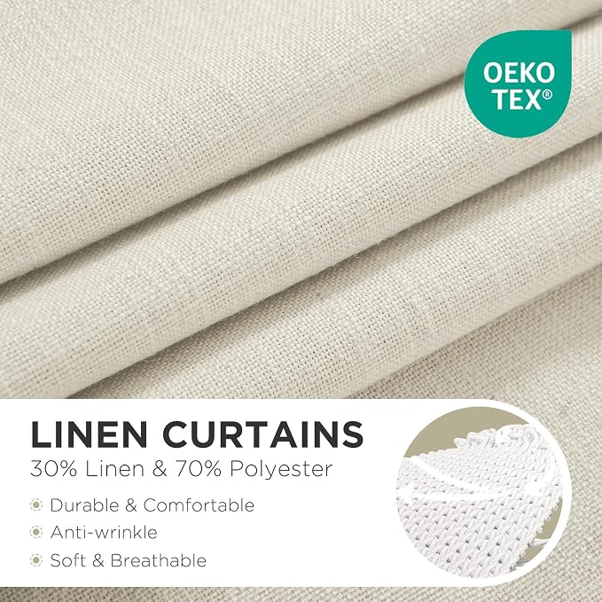 Joydeco Linen Curtains for Living Room,Light Filtering Rod Pocket Back Tab Semi Sheer Drapes Window Long Curtains 90 inches Long Ivory