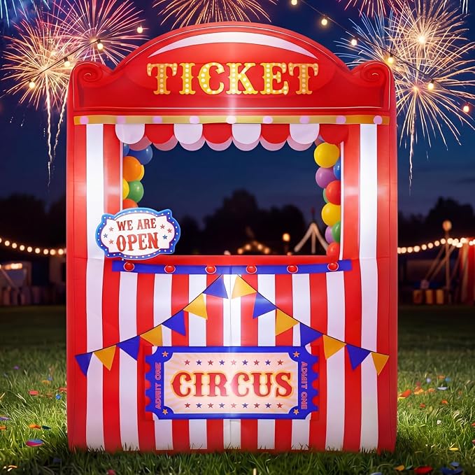 Soulchen 6 x 5 ft Inflatable Circus Ticket Booth Decor with Built in LEDs Lighted and Air Blower, Carnival Party Decoration Blow up Giant Events Birthday Photo Props