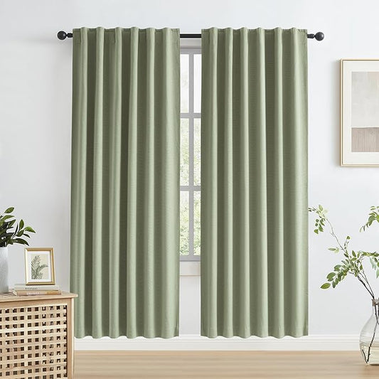 KEQIAOSUOCAI Blackout Linen Curtains Thermal Insulated Back Tab Rod Pocket Textured Long Drapes for Bedroom 50 x 72 Inch, 2 Panels Set,Light Sage Green