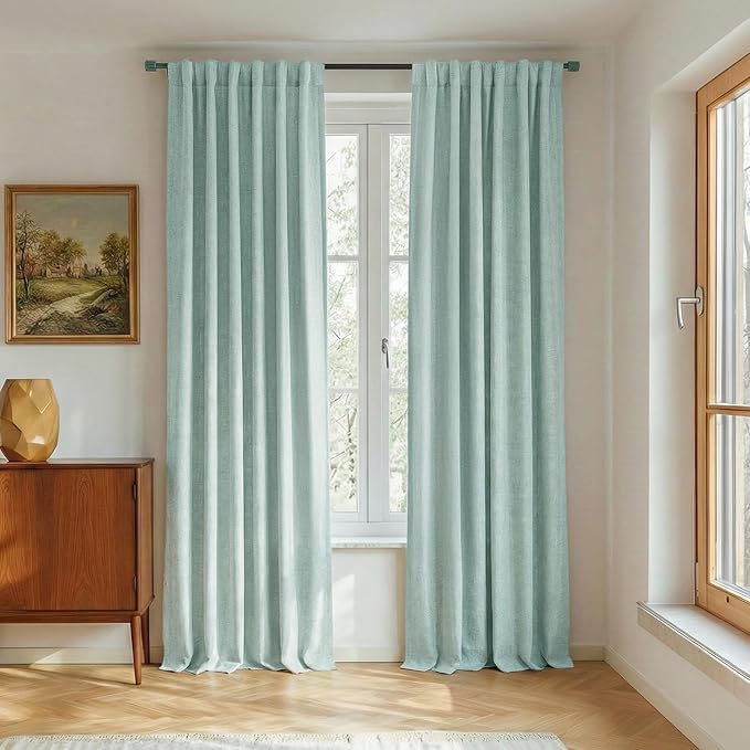 NICETOWN Seafoam Green Living Room Completely Shaded Linen Textured Draperies, 2 Pieces, W52 x L84, Privacy Protection & Noise Reducing Ring Top Drapes, White Lined Insulated Window Treatment Curtains