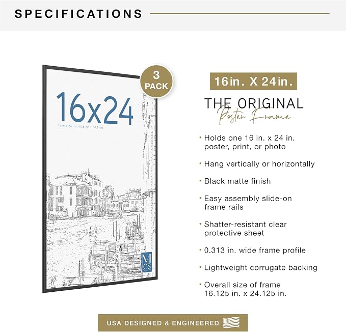 MCS The Original Poster Frame 3-Pack (16"x24") Black - Shatter-Resistant Cover - 1/3" Profile - Lightweight - Vertical & Horizontal Wall Hanging - Large Picture Frames for Posters, Art Prints, Photos