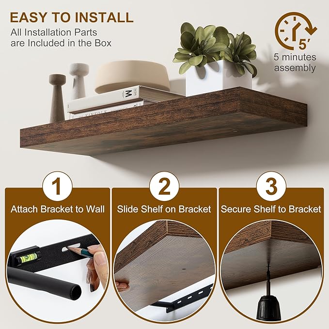 Fun Memories Floating Shelves for Wall, 55Inch Floating Shelves Set of 2, Hanging Shelf with Invisible Brackets, Wood Shelves for Living Room, Bedroom, Kitchen, Brown