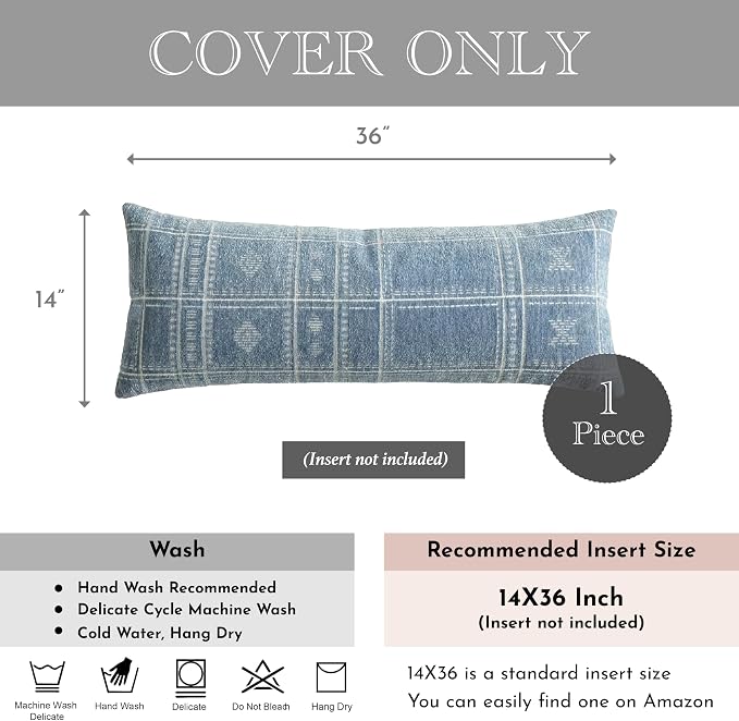 BlissBlush Decorative Lumbar Pillow Cover 14x36, Long Decorative Throw Pillow for Bed,Coastal Blue Textured Chenille Accent Pillowcase for Bedroom Home Décor (Cover Only)