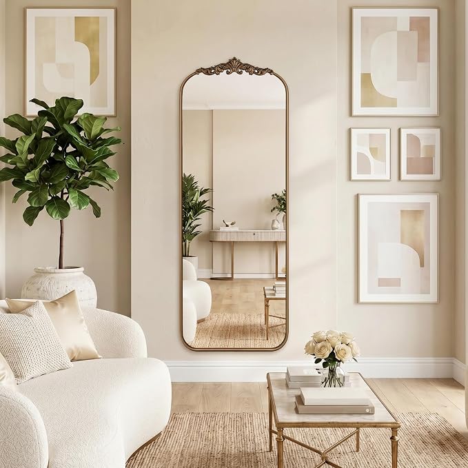 Vintage Gold Arched Full Length Mirror 56"x21" with Metal Frame | Ornate Baroque Design,HD Tempered Glass,Wall Mount,Antique Gold Finish