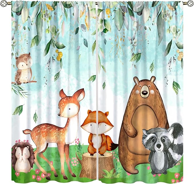 YCness Kid Forest Woodland Animal Fox Elk Bear Watercolor Print Curtains - Nursery Bedroom Living Room, Rustic Safari Wild Animal Blackout Window Drapes 2 Panel Set, 55x63 Inch