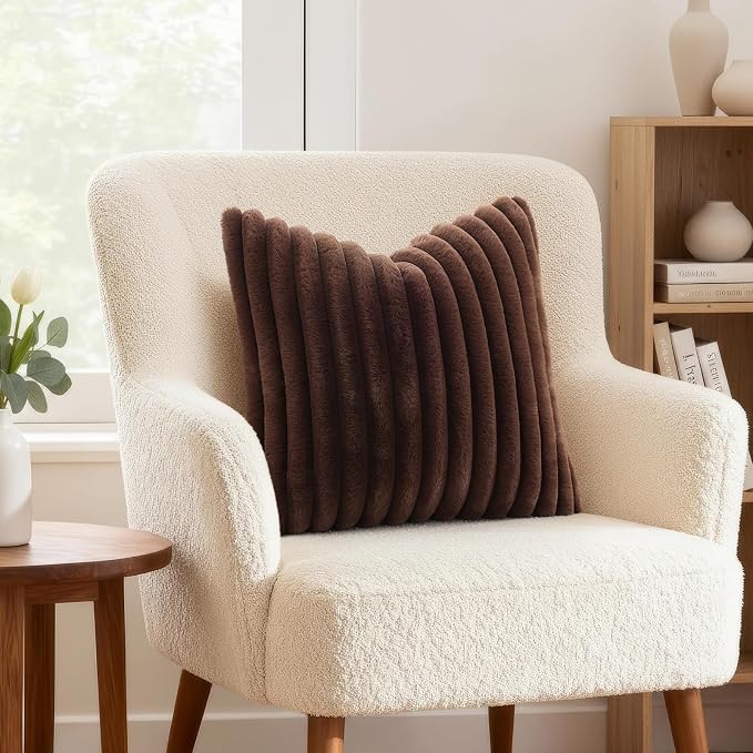 decorUhome Fall Cozy Faux Fur Throw Pillow Covers 16x16 Set of 2 Decorative Soft Plush Striped Modern Farmhouse Boho Couch Pillow Cases with Velvet Back for Sofa Bed Living Room, Dark Brown