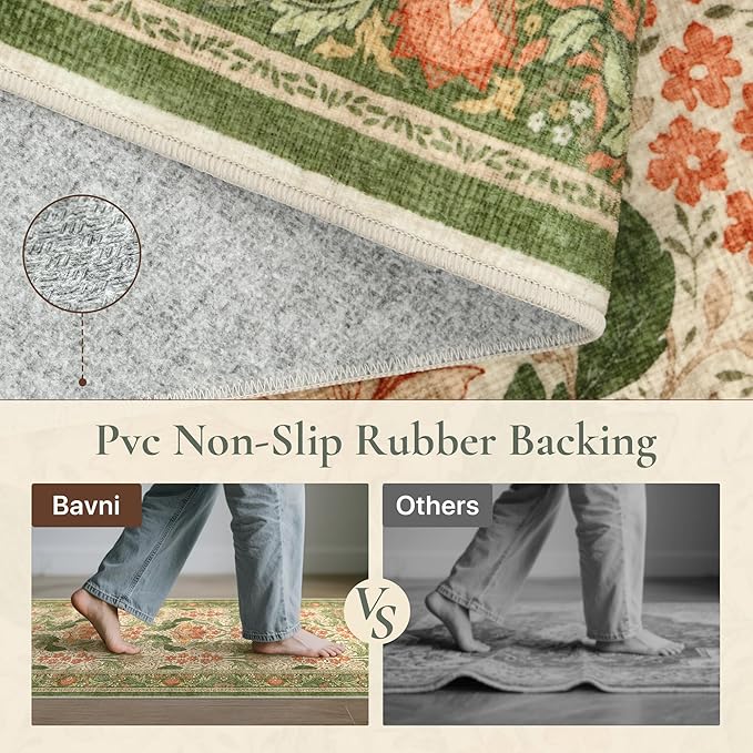 Bavni 4x6 Area Rugs, Floral Machine Washable Rugs for Living Room, Dinning Room, Bedroom, Non Slip Aesthetic Vintage Low Pile Durable Lightweight Farmhouse Rug, Sage Green & Burnt Orange