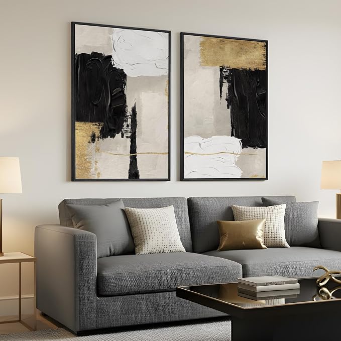 Framed Black and White Abstract Wall Art for Living Room, Set of 2 Gold Modern Minimalist Canvas Artwork for Walls, Large Black White and Gold Luxury Prints Wall Decor for Bedroom Hallway, 24x36 Inch