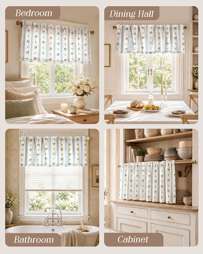 Miss Adola Valance Curtain for Windows - 16 Inch Linen Blend Farmhouse Floral Valance for Kitchen Living Room Bedroom Bathroom Boho Blue Striped Short Curtain with Rod Pocket, 1 Panel