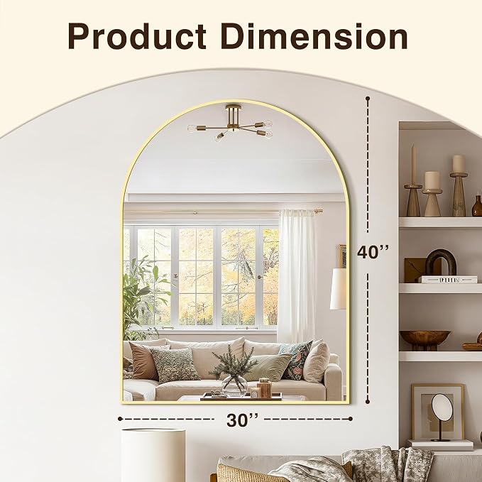 Vanity Bathroom Mirror for Wall, 40"x30" Arched Bathroom Mirror for Over Sink, Arched Metal Frame for Bedroom, Living Room, Entryway, Hanging or Leaning, Gold
