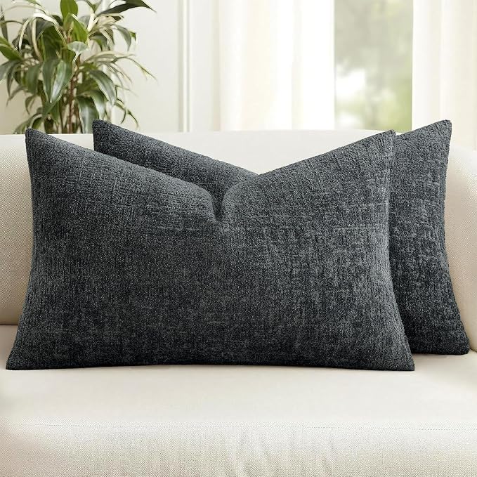 MIULEE Decorative Throw Pillow Covers 12x20 Pack of 2 Dark Grey Couch Pillow Covers Soft Cozy Textured Chenille Pillowcases for Home Decor Sofa Living Room Cushion Bedroom