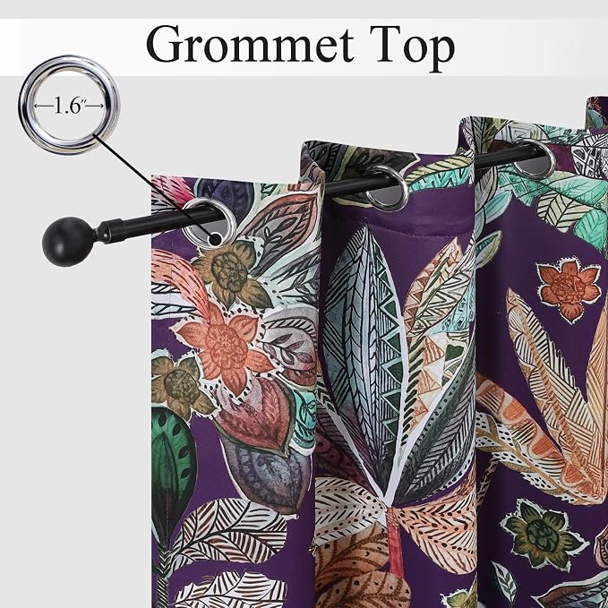 Estelar Textiler Boho Vintage Leaves Pattern Blackout Curtains 96 inches for Bedroom,Noise Reducing Thermal Insulated Grommet Elegant Home Decor for Living Room,Purple,52x96Inch (2 Panels)