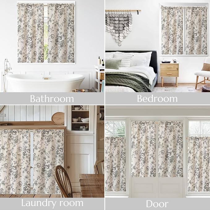 jinchan Floral Linen Tier Curtains 45 Inch Farmhouse Botanic Cafe Drapes for Small Windows Rustic Half Window Curtains for Kitchen Living Room Bathroom Laundry 2 Panels Black on Beige