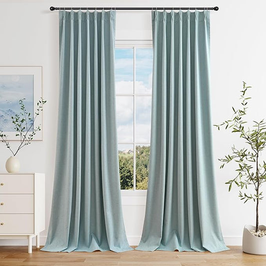 Joywell Light Blue Pinch Pleat 100% Blackout Linen Curtains 112 Inch Long for Boys Bedroom Living Room Thermal Insulated Room Darkening Light Blocking Pleated Long Curtains for Baby Nursery 40x112