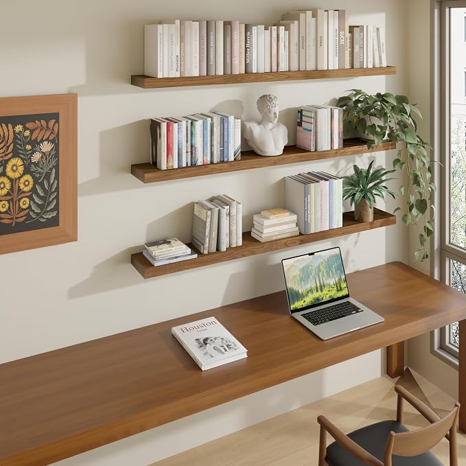 ROGMARS 48Inches Long Walnut Floating Shelves,Rustic Solid Wood Farmhouse Wall Shelves with Invisible Brackets for Bathroom, Living Room, Bedroom, Kitchen Set of 3
