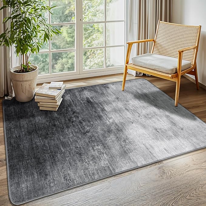 3x5 Washable Area Rug, Gray Solid Area Rugs for Living Room & Bedroom | Stain-resistant & Non-slip backing,Low Pile Washable Large Carpet, Solid Vintage Style For High Traffic Areas(3x5,Gray)