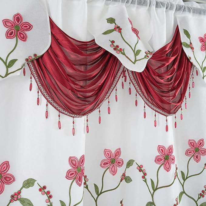 Petrichor Embroidered Sheer Curtain 2 Panels Set - Luxury Window Curtain Attached Valance with Satin Backing and 2 Tie Backs for Living Room,Dining Room, 54x84 inches, Burgundy