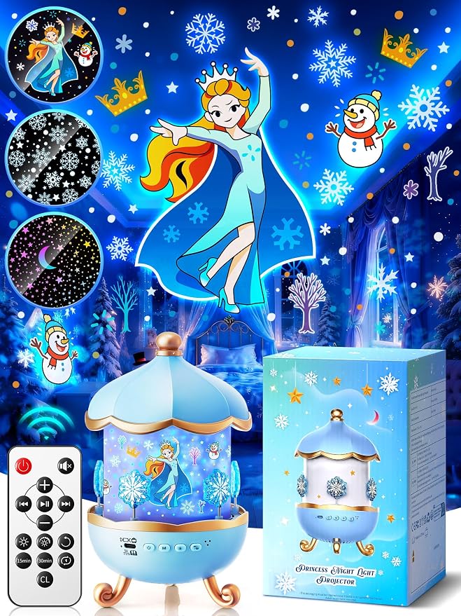 PIKOY Night Light Snow for Kids, 15 White Noise+16 Films+336 Colors Star Projector for Kids, 360°+Remote+Cordless Baby Night Light Projector, Princess Toys for Girls Room Decor Light
