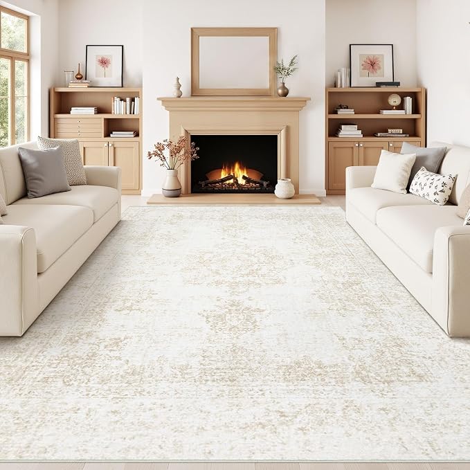 Vintage Living Room Area Rug - 9x12 Large Machine Washable Boho Moroccan Rug Distressed Farmhouse Rugs for Bedroom - Soft Non-Slip Indoor Carpet for Dining Room Office Nursery(Ivory, 9'x12')