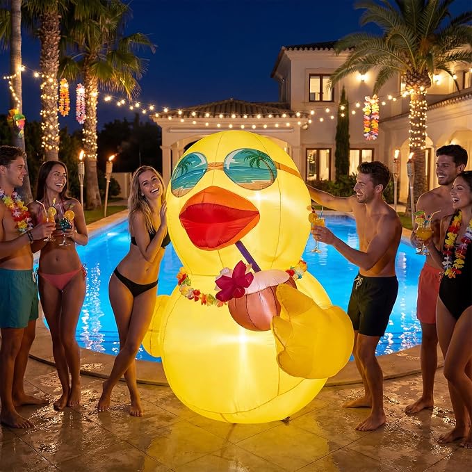 6 FT Giant Inflatable Duck, Summer Inflatables Outdoor Decorations for Yard | Blow Up Duck with Hawaiian Leis, Luau Party Decorations, Powerful Blower & LED Lights, Pool Beach Tropical Lawn Party Decor
