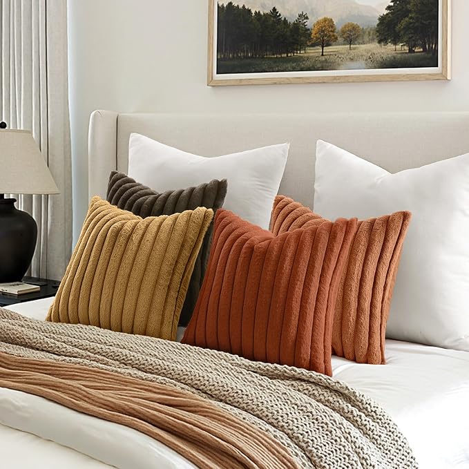 MIULEE Fall Faux Fur Plush Decorative Throw Pillow Covers 18x18 Set of 4, Boho Farmhouse Soft Fuzzy Striped Cushion Covers for Sofa Couch Bed Living Room Vintage Home Decor,Rust Orange