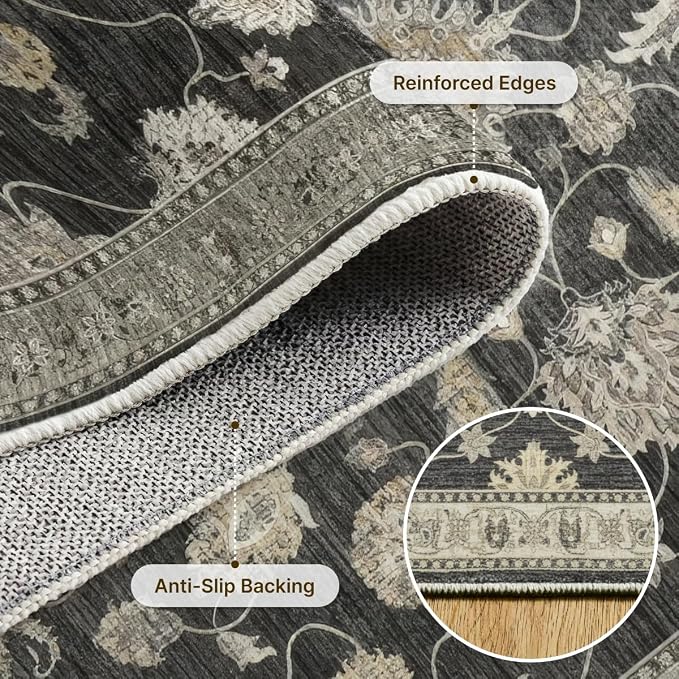 4x6 Area Rug for Living Room-Vintage Farmhouse Boho Floral Washable Stain Resistant Indoor Carpet for Bedroom Office and Home Decor(Black&Gold)