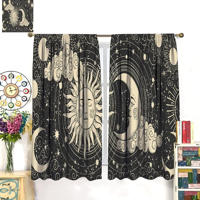 Bohemian Sun Moon Blackout Windows Curtains, Golden Sun Crescent Moon and Stars Vintage Cosmic Galaxy Printed Curtains, for Living Room Bedroom 42x63in 2 Panels