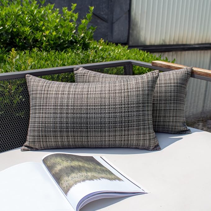 Kevin Textile Outdoor Waterproof Throw Pillow Covers 12x24 Inch Pack of 2 Woven Faux Linen Farmhouse Decorative Water Resistant Lumbar Cushion Covers for Tent Patio Garden Couch Sofa Grey